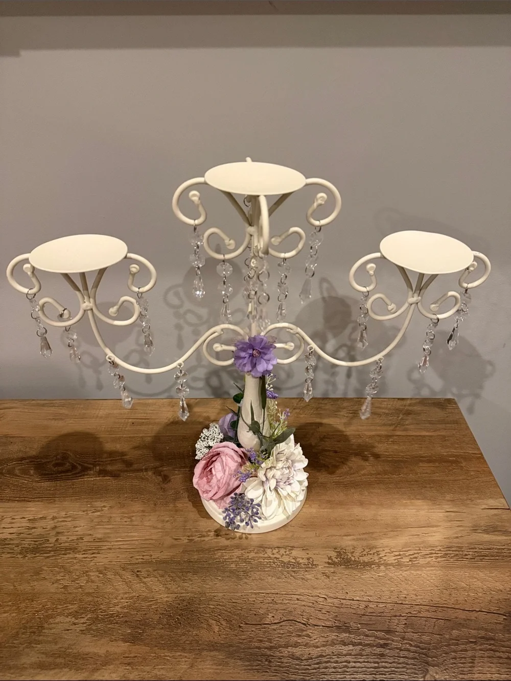 Elegant Cream Metal Candelabra with Lavender Floral Accent